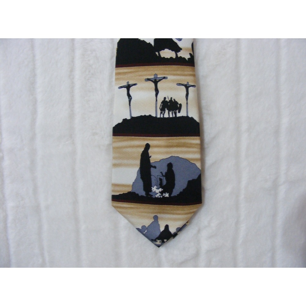 Larson Silk Necktie Mens One Size Tan Black Excellent Religious Jesus Graphic